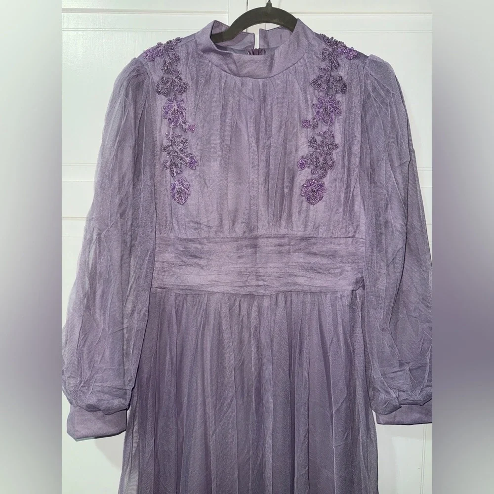 Lavender Long-Sleeve Maxi Dress with Sheer Overlay like size 12 Size 44 - Picture 3 of 11